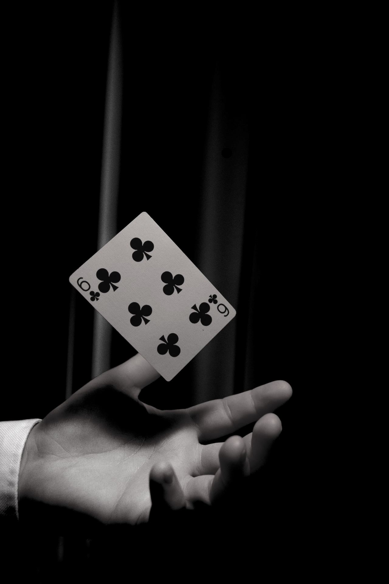 Card floating in dramatic black and white lighting at an exclusive event